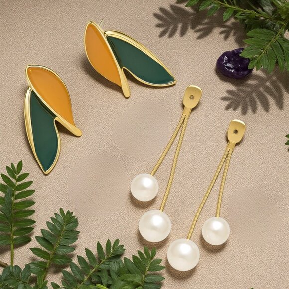 🆕️ Sparkling Leaf Dangle Pearl Drop Earrings 🍃 | Trendy Jewelry Design ✨ - Picture 5 of 12